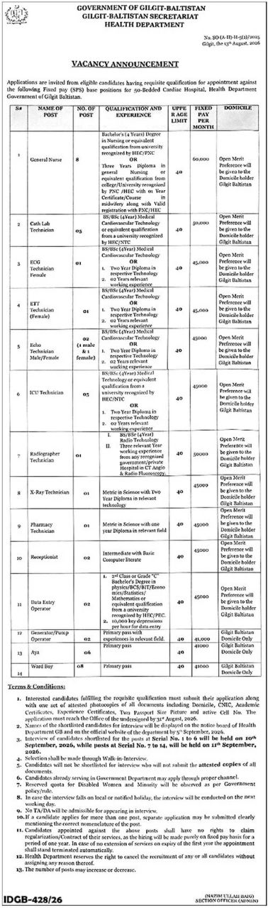 Gilgit-Baltistan Secretariat, Health Department Jobs 2026 – Government of Gilgit-Baltistan, Gilgit-Baltistan Secretariat, Health Department Jobs 2026 — original newspaper advertisement
