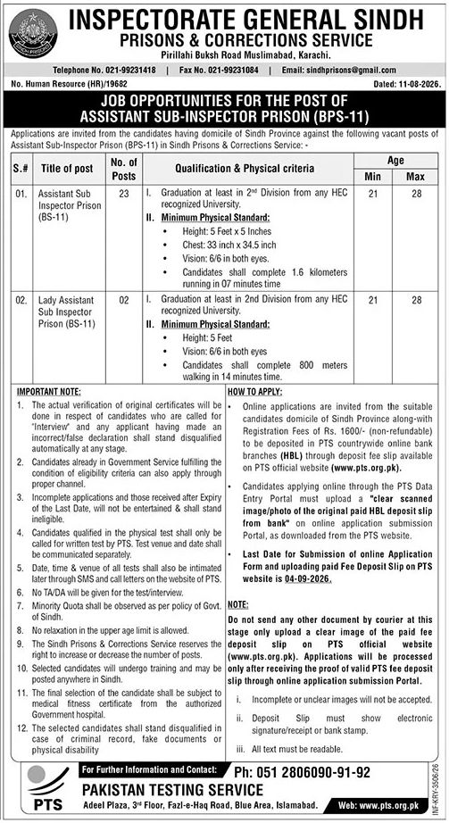 Inspectorate General Sindh Prisons & Corrections Service Jobs 2026 Jobs 2026 — original newspaper advertisement