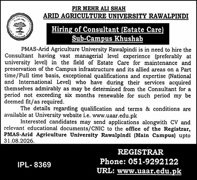 Pir Mehr Ali Shah Arid Agriculture University Rawalpindi (PMAS-AAUR) Jobs 2026 Jobs 2026 — original newspaper advertisement