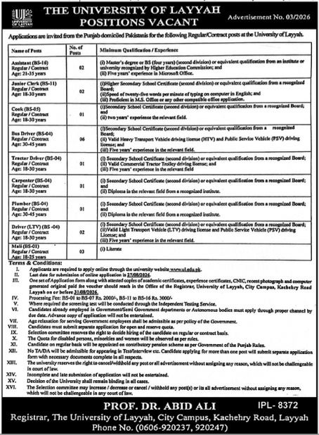 The University of Layyah Jobs 2026 Jobs 2026 — original newspaper advertisement