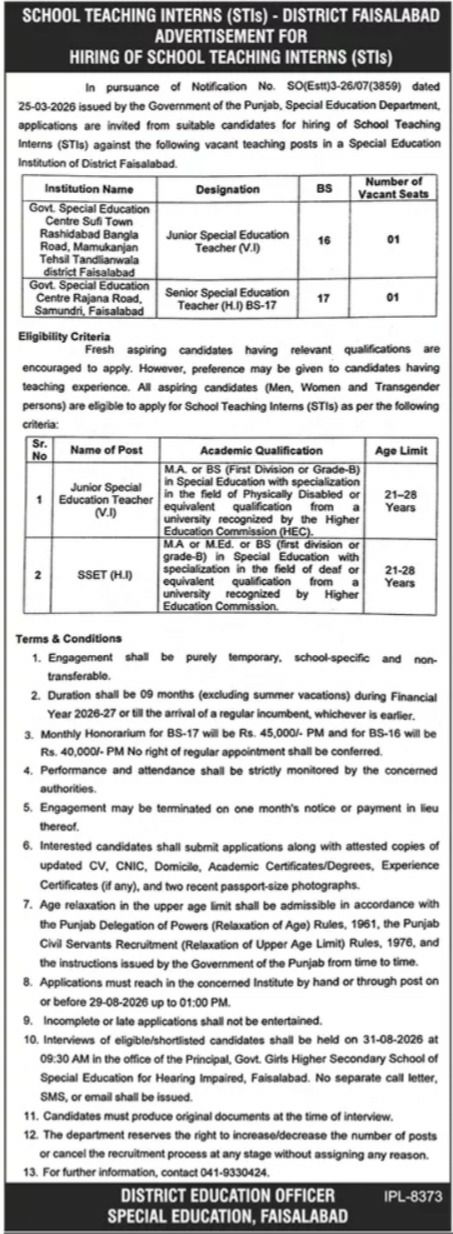District Education Officer, Special Education, Faisalabad Jobs 2026 Jobs 2026 — original newspaper advertisement