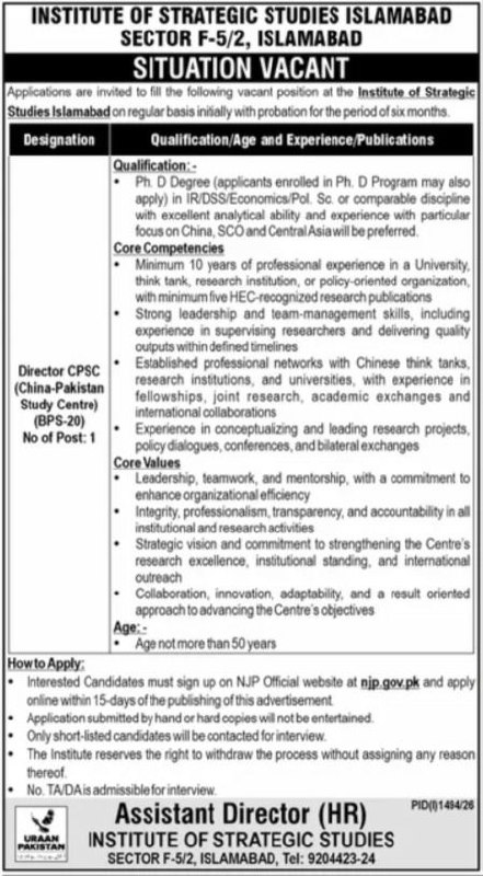 Institute of Strategic Studies Islamabad Jobs 2026 Jobs 2026 — original newspaper advertisement