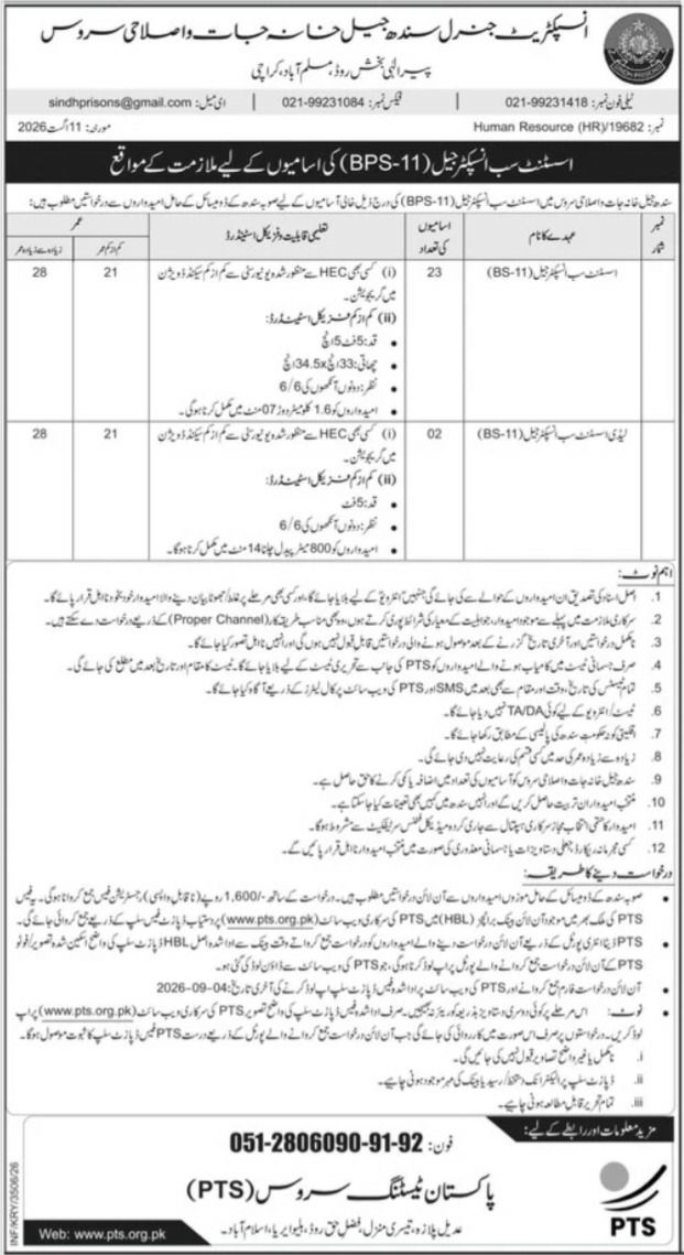 Inspectorate General Sindh Prisons and Correctional Services Jobs 2026 Jobs 2026 — original newspaper advertisement