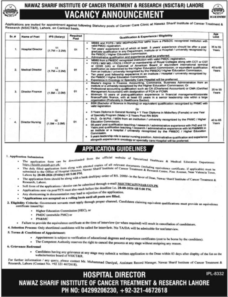 Nawaz Sharif Institute of Cancer Treatment & Research (NSICT&R) Lahore Jobs Jobs 2026 — original newspaper advertisement