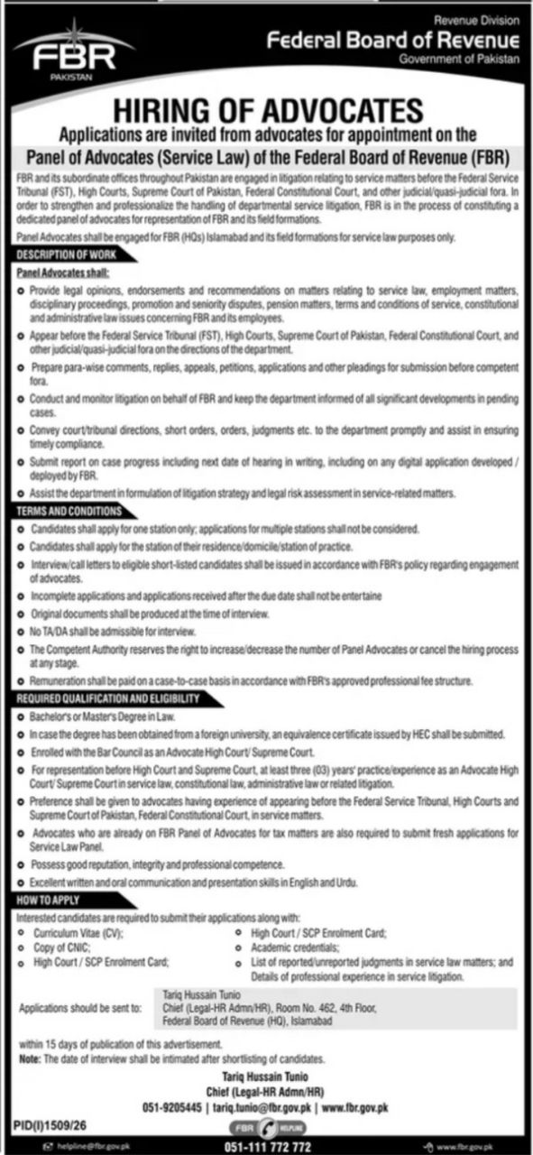 Federal Board of Revenue (FBR), Revenue Division Jobs 2026 – Federal Board of Revenue (FBR), Revenue Division, Government of Pakistan Jobs 2026 — original newspaper advertisement