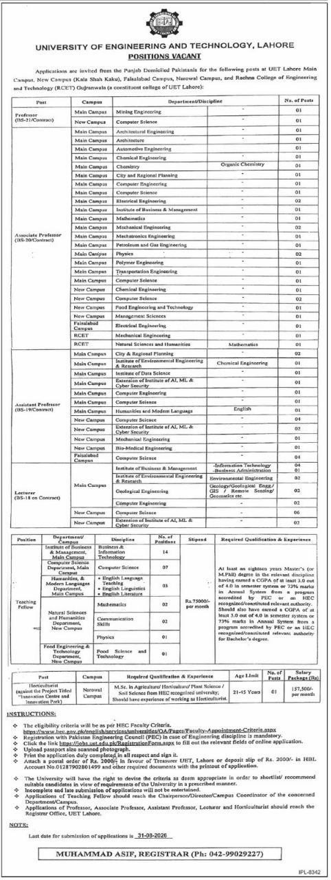 University of Engineering and Technology (UET), Lahore Jobs Jobs 2026 — original newspaper advertisement