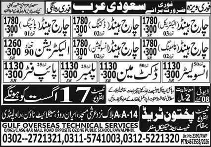 Charge Hand (Electrical) (1 posts) Charge Hand (Ducting) Jobs in Saudi Arabia – Pakhton Trade - Gulf Overseas Services Jobs 2026 — original newspaper advertisement