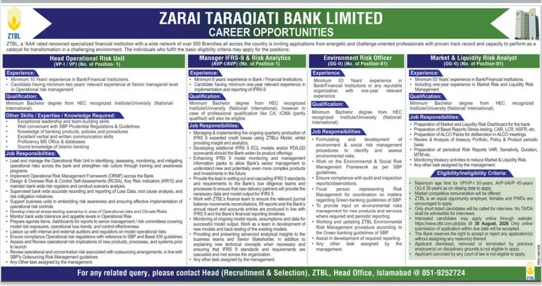 Zarai Taraqiati Bank Limited (ZTBL) Islamabad Jobs 2026 Jobs 2026 — original newspaper advertisement