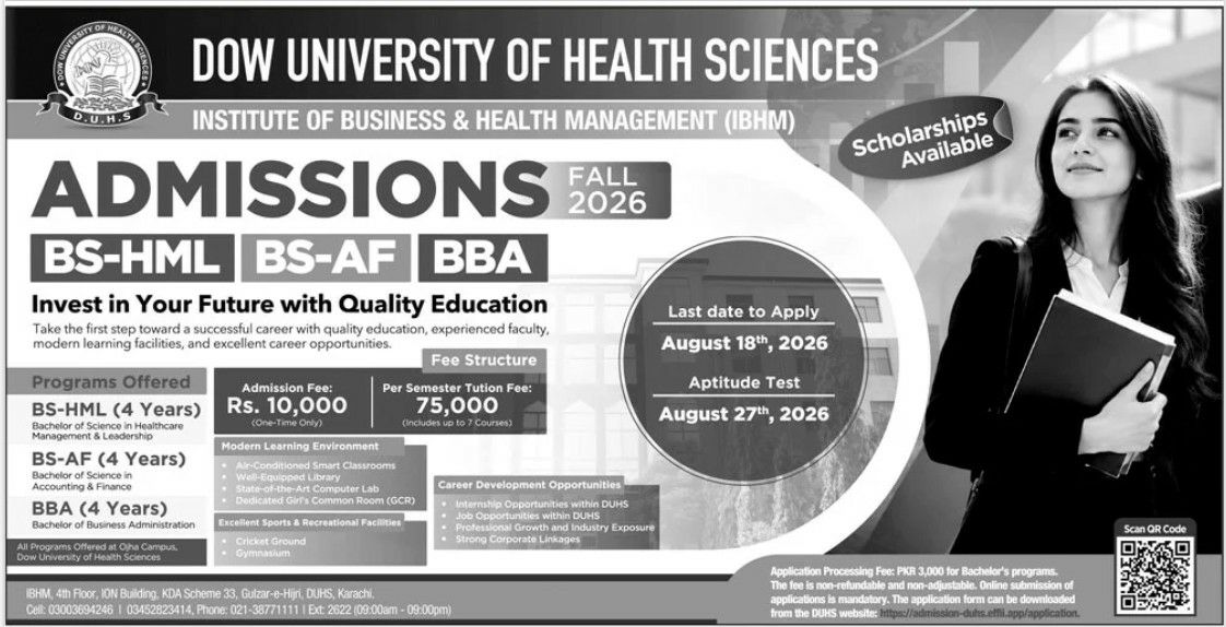 Admissions Fall 2026 - BS-HML, BS-AF, BBA – Dow University of Health Sciences - Institute of Business & Health Management (IBHM) Admissions 2026 — original newspaper advertisement