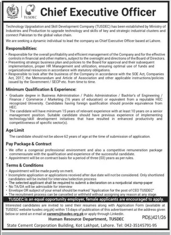 Technology Upgradation and Skill Development Company (TUSDEC) Jobs 2026 Jobs 2026 — original newspaper advertisement