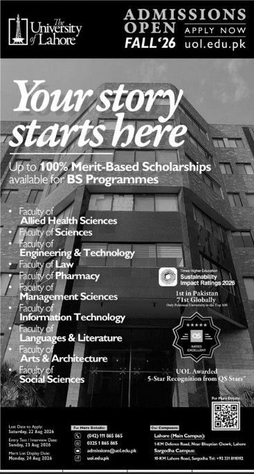 Admissions Open Fall 2026 - Your Story Starts Here – The University of Lahore Admissions 2026 — original newspaper advertisement