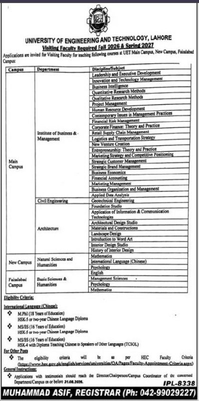 Visiting Faculty Required Fall 2026 & Spring 2027 – University of Engineering and Technology, Lahore Jobs 2026 — original newspaper advertisement