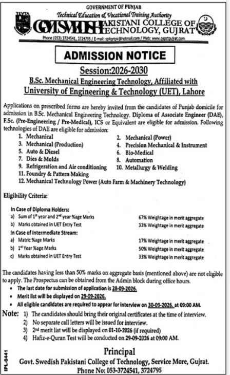 Admission Notice - Session 2026-2030, B.Sc. Mechanical Engineering Technology – Govt. Swedish Pakistani College of Technology (COMSATS Pakistani College of Technology), Gujrat Admissions 2026 — original newspaper advertisement