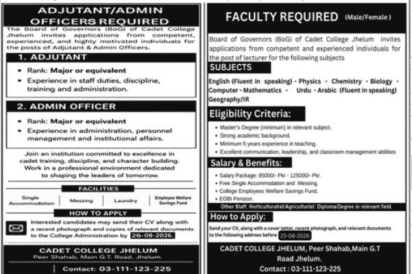 Cadet College Jhelum Punjab Jobs 2026 – Cadet College Jhelum (Board of Governors) Jobs 2026 — original newspaper advertisement