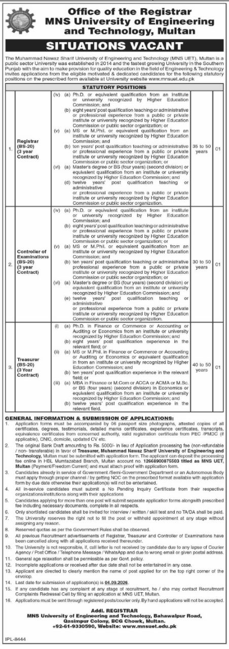 MNS University of Engineering and Technology (MNS UET), Multan Jobs 2026 – MNS University of Engineering and Technology (MNS UET), Multan - Office of the Registrar Jobs 2026 — original newspaper advertisement