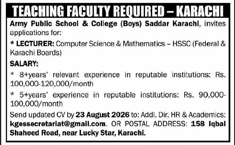 Army Public School & College (Boys) Saddar Karachi Jobs 2026 Jobs 2026 — original newspaper advertisement