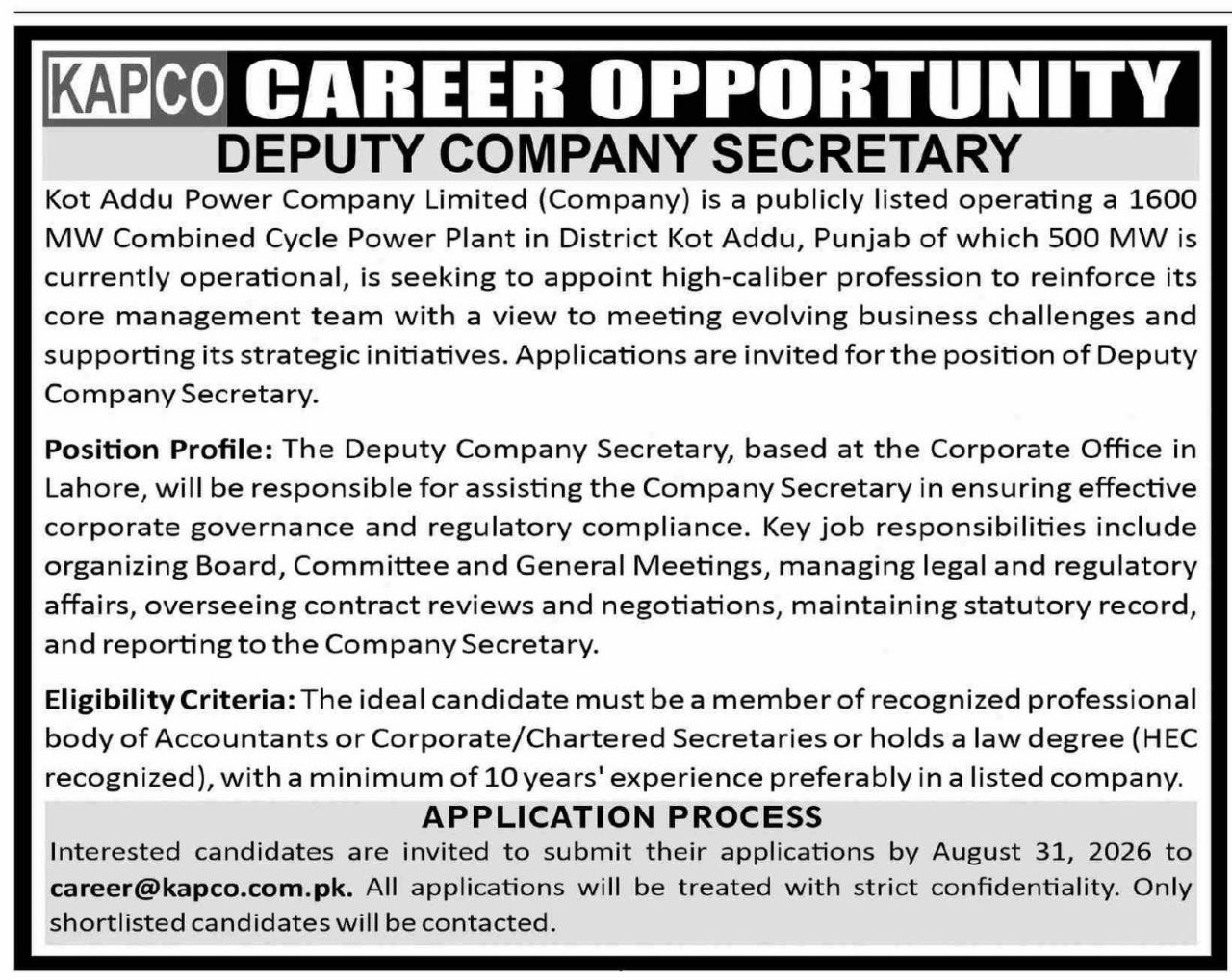 Kot Addu Power Company Limited (KAPCO) Jobs 2026 Jobs 2026 — original newspaper advertisement