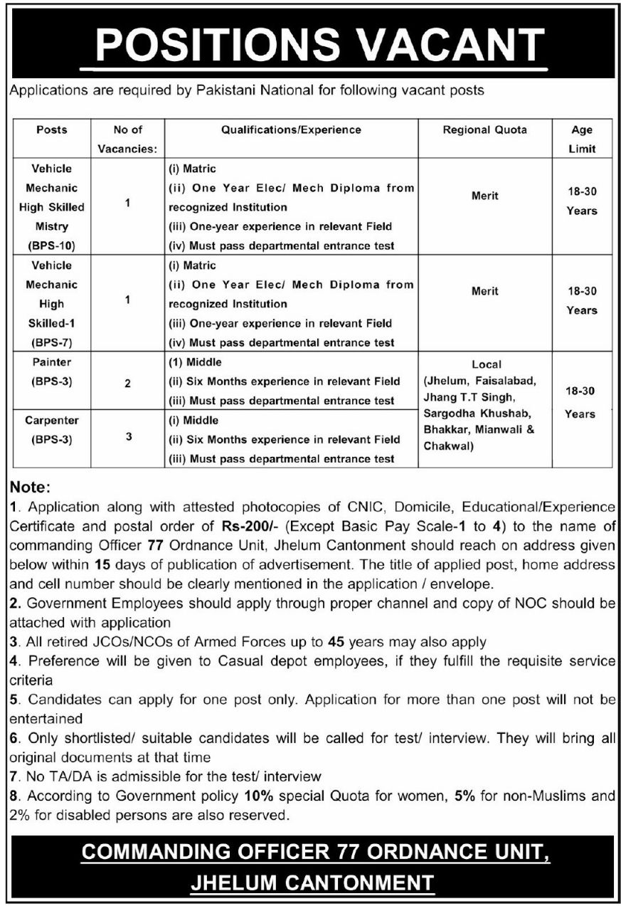 Commanding Officer 77 Ordnance Unit, Jhelum Cantonment Jobs 2026 Jobs 2026 — original newspaper advertisement