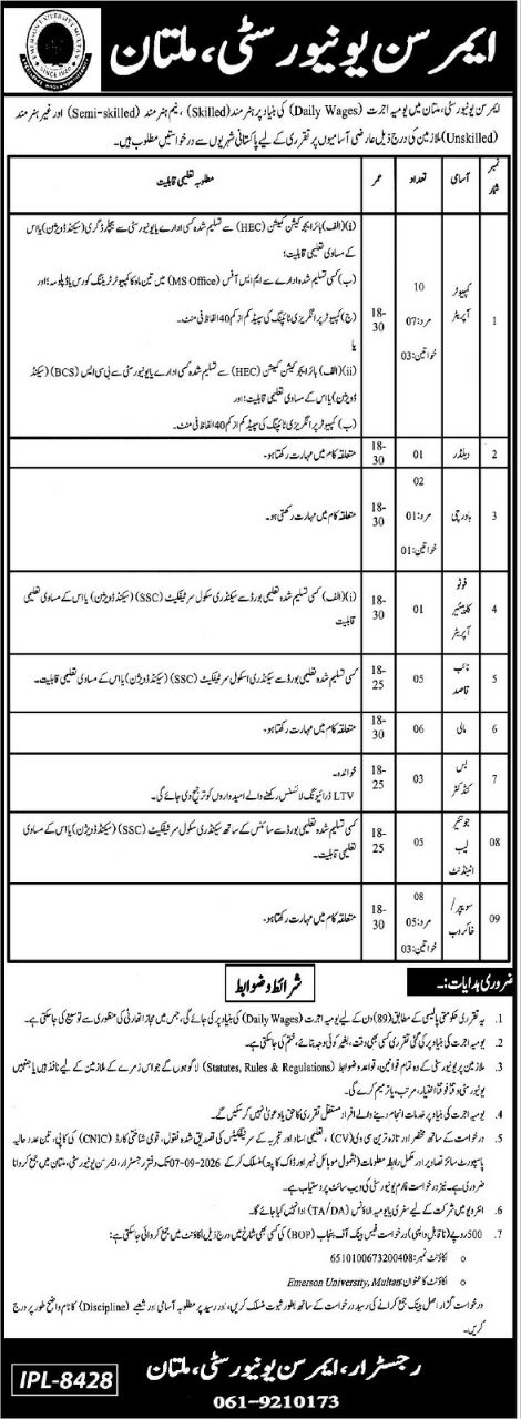 Emerson University, Multan Punjab jobs 2026 Jobs 2026 — original newspaper advertisement