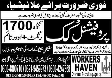 Urgent Requirement for Malaysia – Professional Cook – Workers Haven Overseas Recruiting Agency Jobs 2026 — original newspaper advertisement