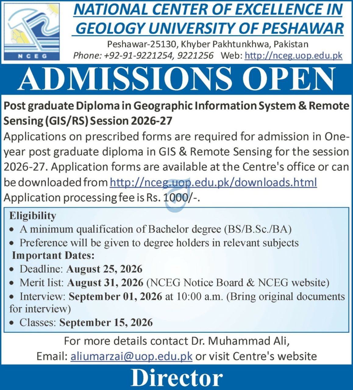 Admissions Open - Post Graduate Diploma in Geographic Information System & Remote Sensing (GIS/RS) Session 2026-27 – National Center of Excellence in Geology, University of Peshawar Admissions 2026 — original newspaper advertisement