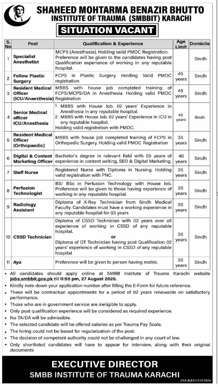 Shaheed Mohtarma Benazir Bhutto Institute of Trauma (SMBBIT) Karachi Jobs 2026 Jobs 2026 — original newspaper advertisement