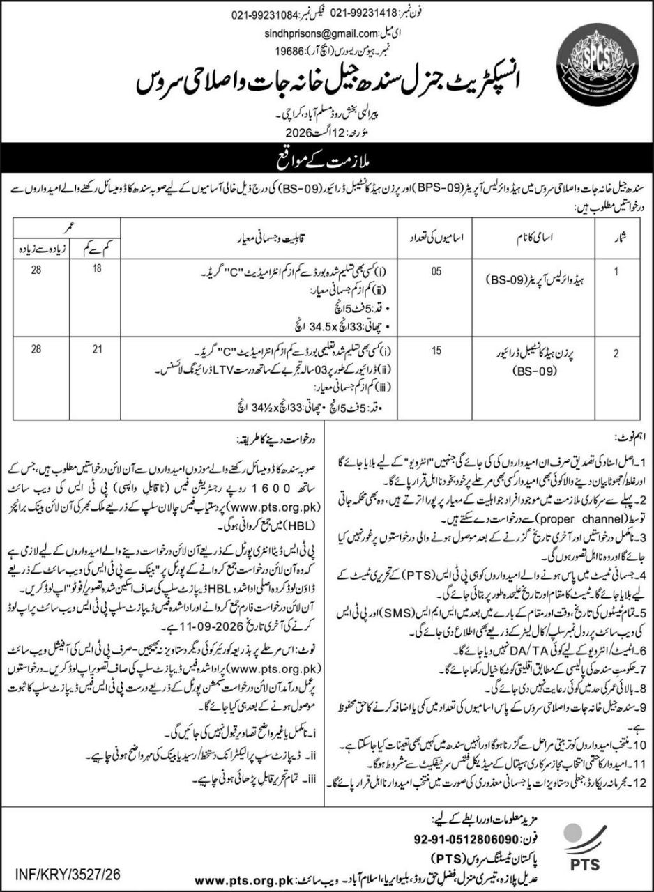 Inspectorate General Sindh Prisons and Correctional Services, Pirbhai Bakhsh Road, Muslim Abad, Karachi Jobs 2026 Jobs 2026 — original newspaper advertisement