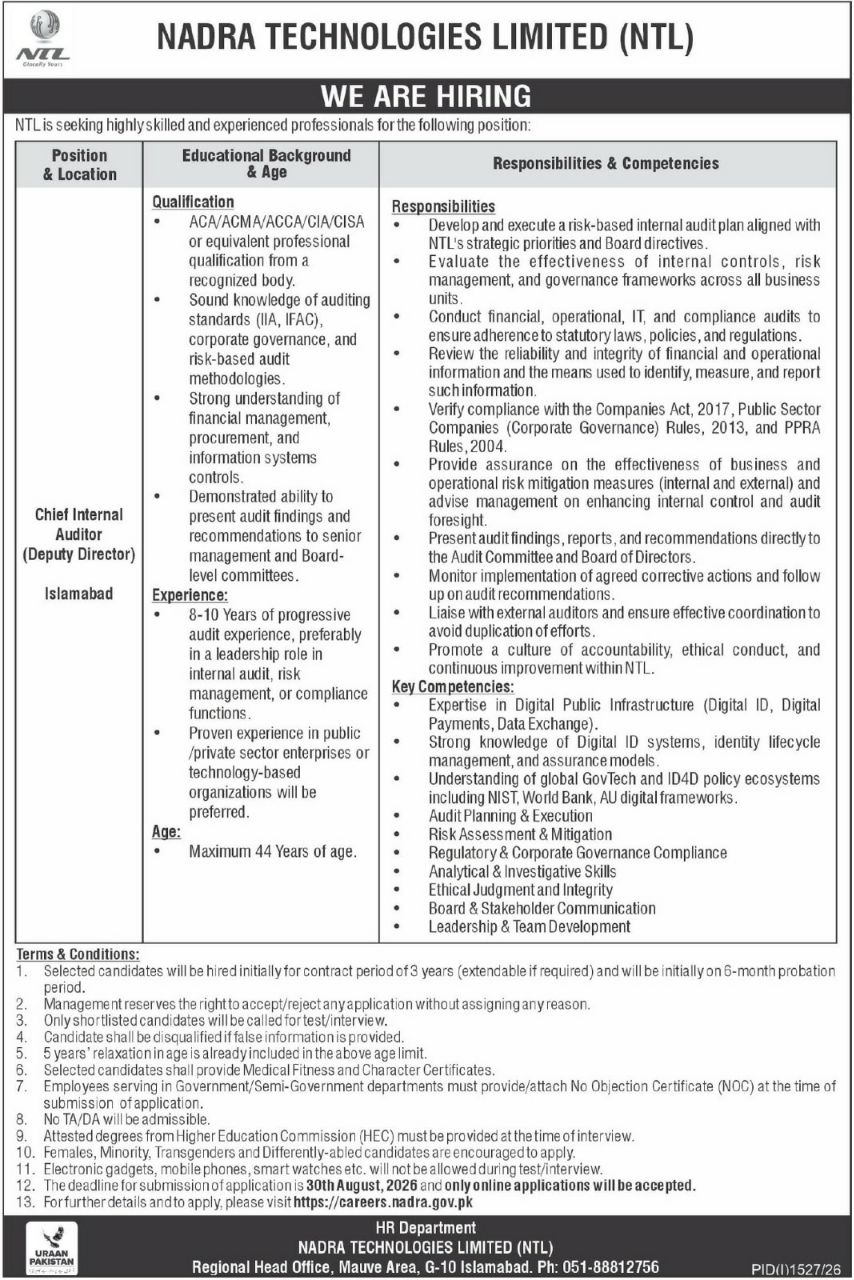 NADRA Technologies Limited (NTL) Jobs 2026 Jobs 2026 — original newspaper advertisement