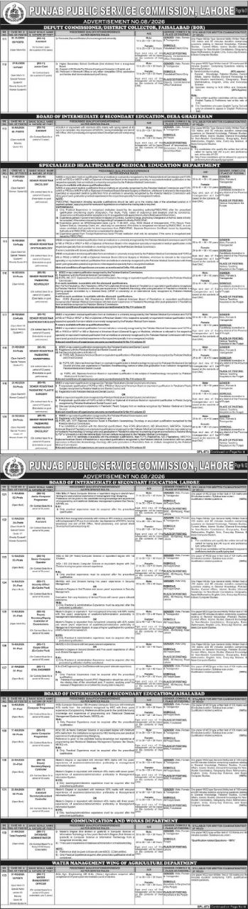 Punjab Public Service Commission, Lahore Jobs 08/2026 Jobs 2026 — original newspaper advertisement