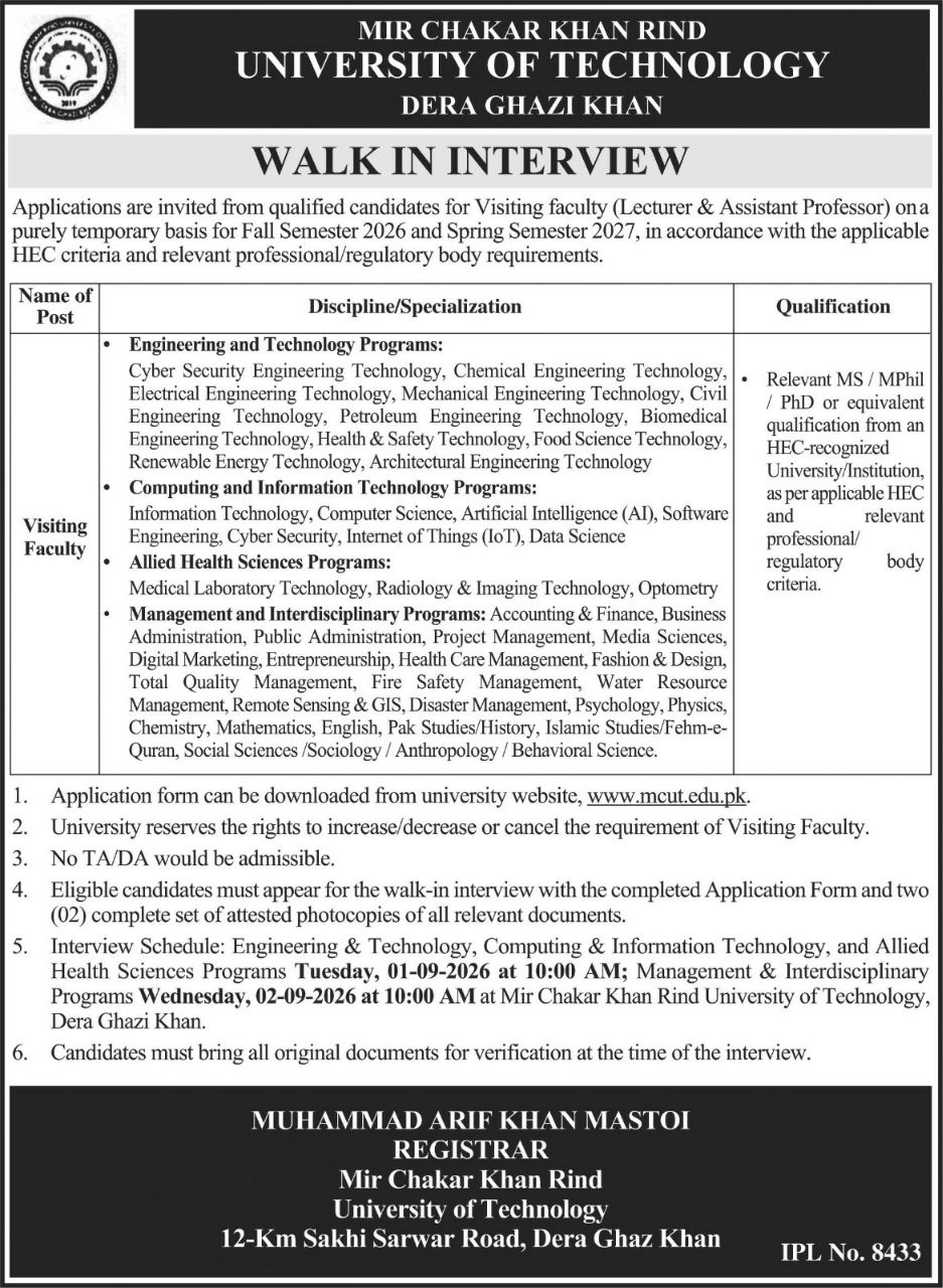 Mir Chakar Khan Rind University of Technology, Dera Ghazi Khan Jobs 2026 Jobs 2026 — original newspaper advertisement