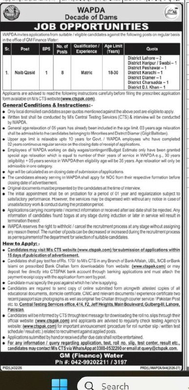 WAPDA (Water and Power Development Authority Jobs 2026 – WAPDA (Water and Power Development Authority), Office of GM Finance Water Jobs 2026 — original newspaper advertisement