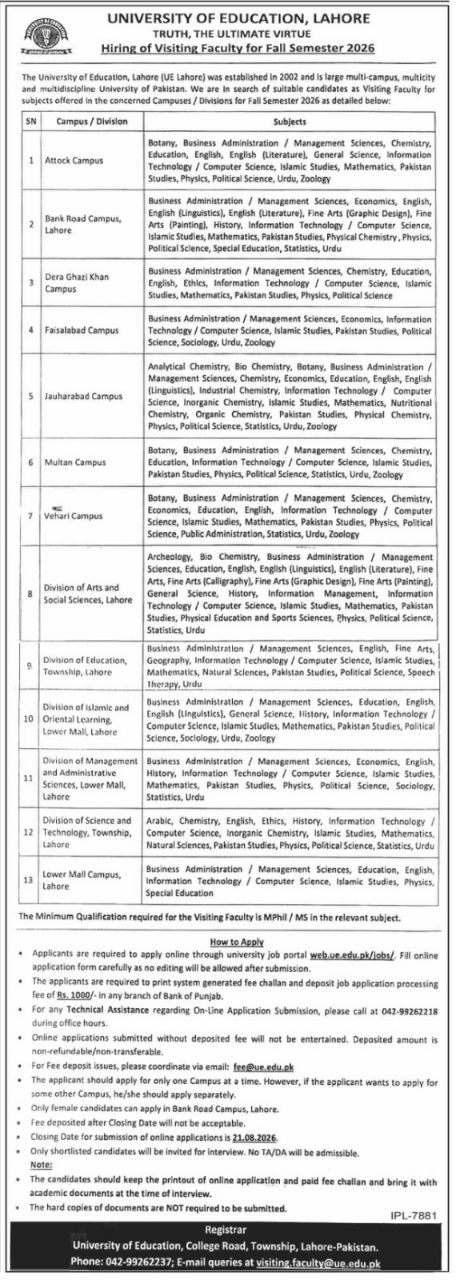 University of Education, Lahore Jobs 2026 Jobs 2026 — original newspaper advertisement