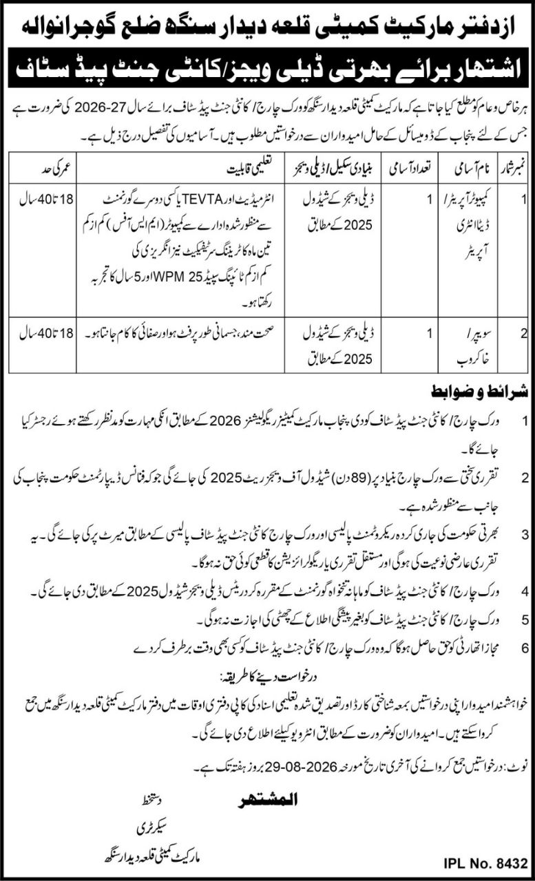 Office of Market Committee, Qila Didar Singh, District Gujranwala Jobs Jobs 2026 — original newspaper advertisement