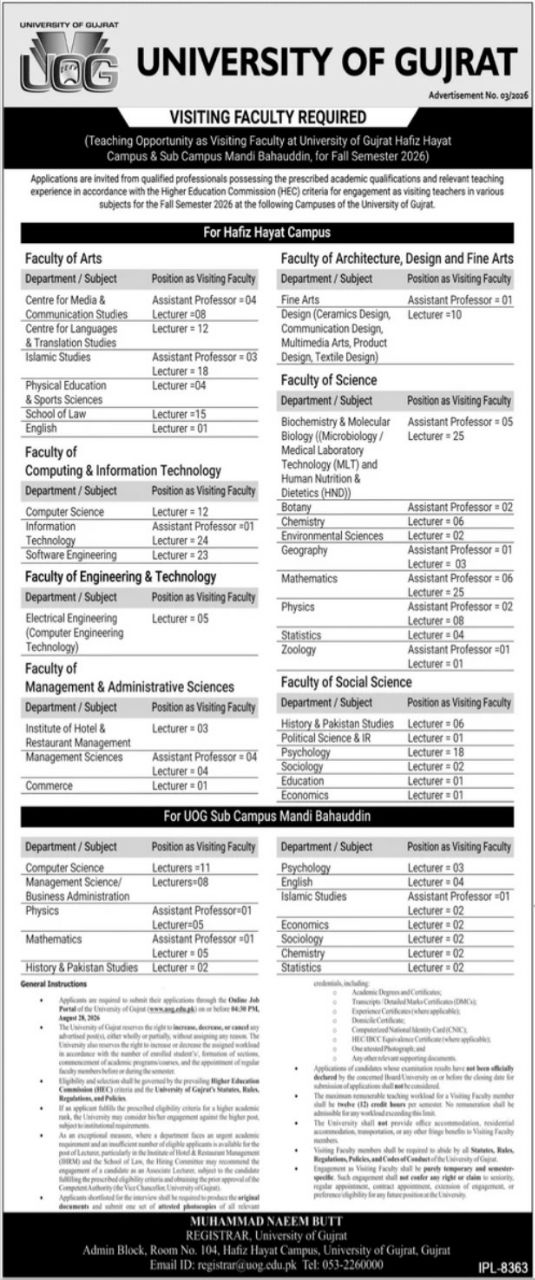 Visiting Faculty Required University of Gujrat Jobs 2026 — original newspaper advertisement