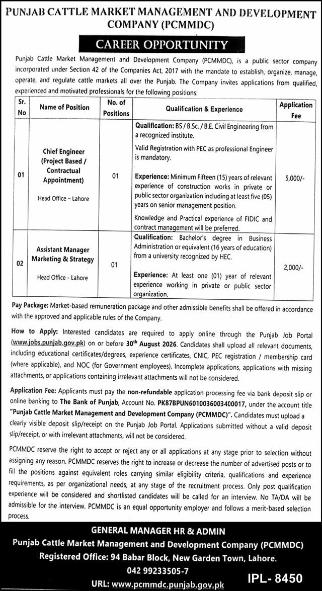 Punjab Cattle Market Management and Development Company (PCMMDC) Jobs 2026 Jobs 2026 — original newspaper advertisement