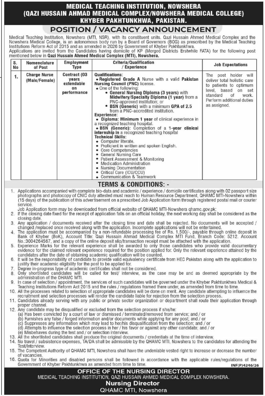 Medical Teaching Institution, Nowshera Jobs 2026 – Medical Teaching Institution, Nowshera (Qazi Hussain Ahmad Medical Complex / Nowshera Medical College), Khyber Pakhtunkhwa, Pakistan Jobs 2026 — original newspaper advertisement