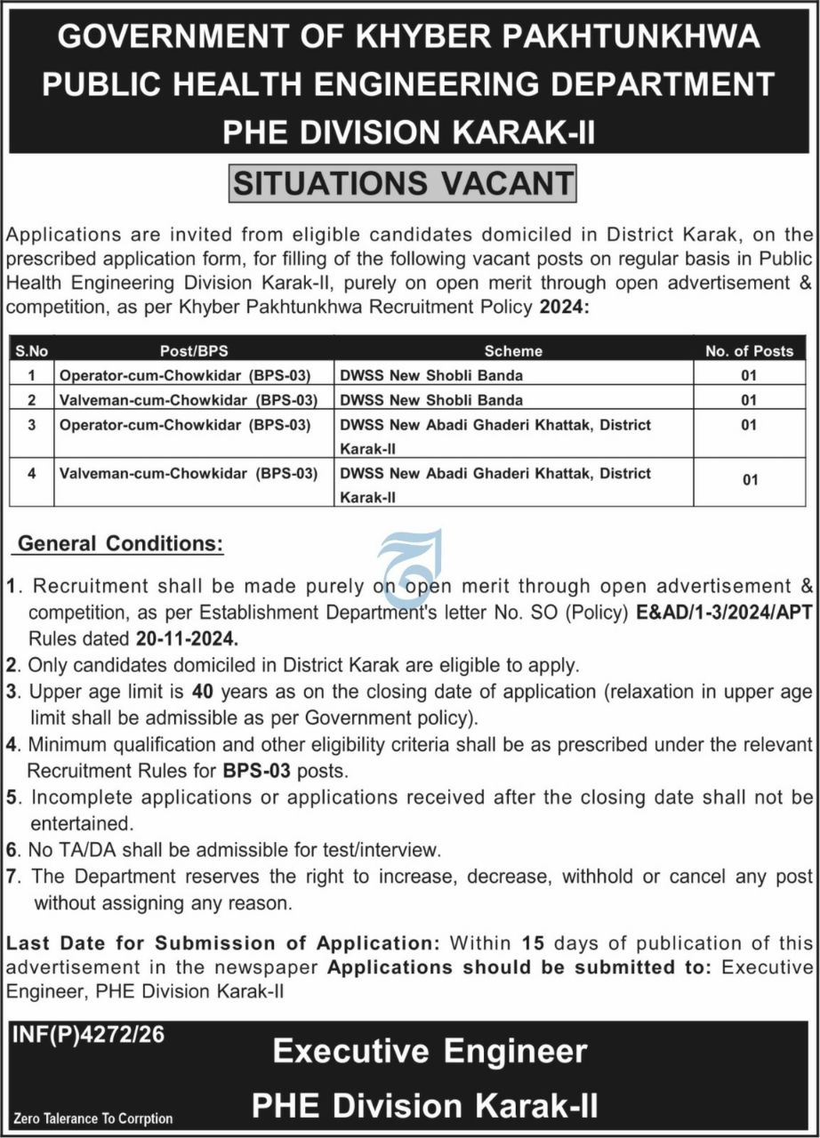 Public Health Engineering Department PHE Division Karak-II Jobs 2026 – Government of Khyber Pakhtunkhwa, Public Health Engineering Department, PHE Division Karak-II Jobs 2026 — original newspaper advertisement