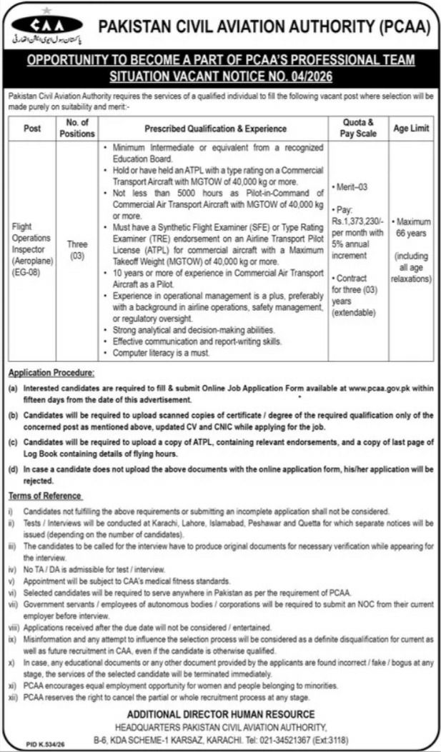 Pakistan Civil Aviation Authority (PCAA) Jobs 2026 Jobs 2026 — original newspaper advertisement