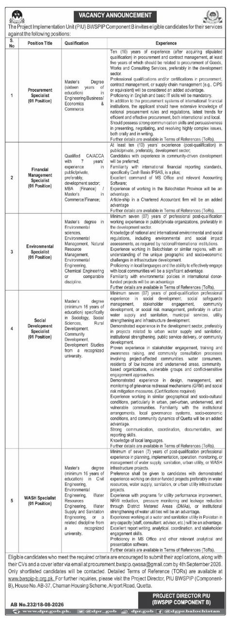 Project Implementation Unit (PIU) BWSPIP Component Jobs 2026 – Project Implementation Unit (PIU) BWSPIP Component B Jobs 2026 — original newspaper advertisement