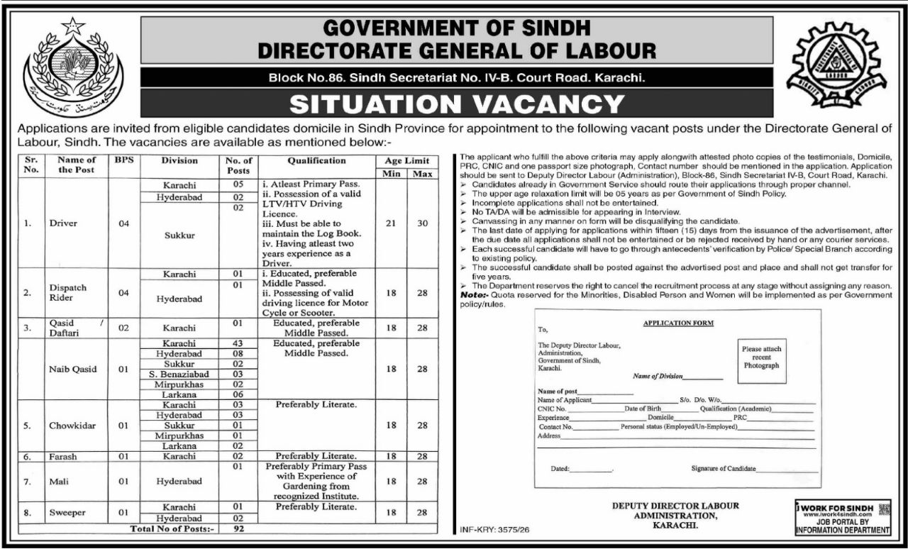 Directorate General of Labour Jobs 2026 – Government of Sindh, Directorate General of Labour Jobs 2026 — original newspaper advertisement