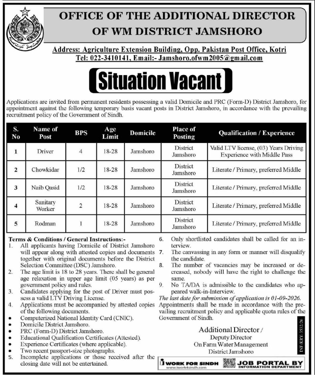 Office of the Additional Director of WM District Jamshoro Jobs 2026 Jobs 2026 — original newspaper advertisement
