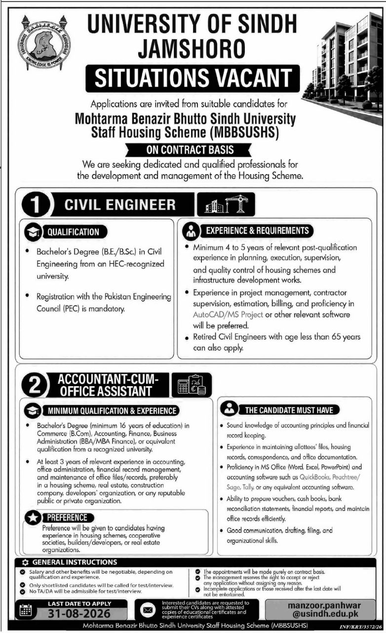 Mohtarma Benazir Bhutto Sindh University Staff Housing Scheme (MBBSUSHS) Jobs 2026 – University of Sindh, Jamshoro - Mohtarma Benazir Bhutto Sindh University Staff Housing Scheme (MBBSUSHS) Jobs 2026 — original newspaper advertisement