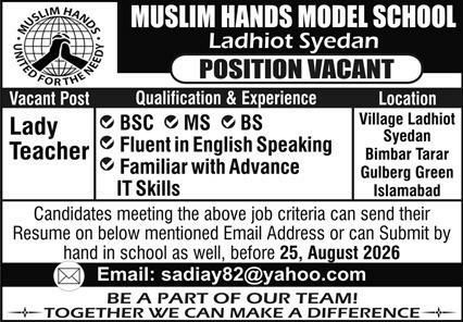 Muslim Hands Model School, Ladhiot Syedan Jobs 2026 Jobs 2026 — original newspaper advertisement