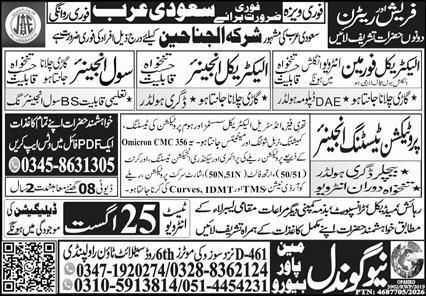 Electrical Engineer And Degree Holder Civil Supervisor Jobs in Saudi Arabia – New Gondal Manpower Jobs 2026 — original newspaper advertisement
