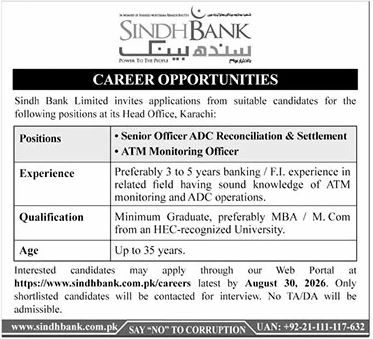Sindh Bank Limited Jobs 2026 Jobs 2026 — original newspaper advertisement