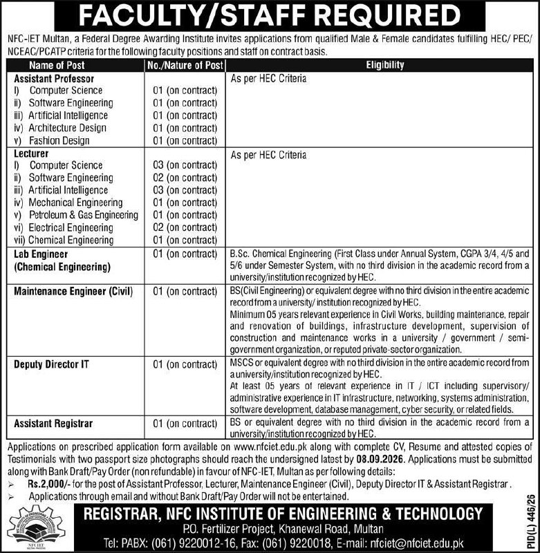 NFC Institute of Engineering & Technology (NFC-IET) Multan Jobs 2026 Jobs 2026 — original newspaper advertisement