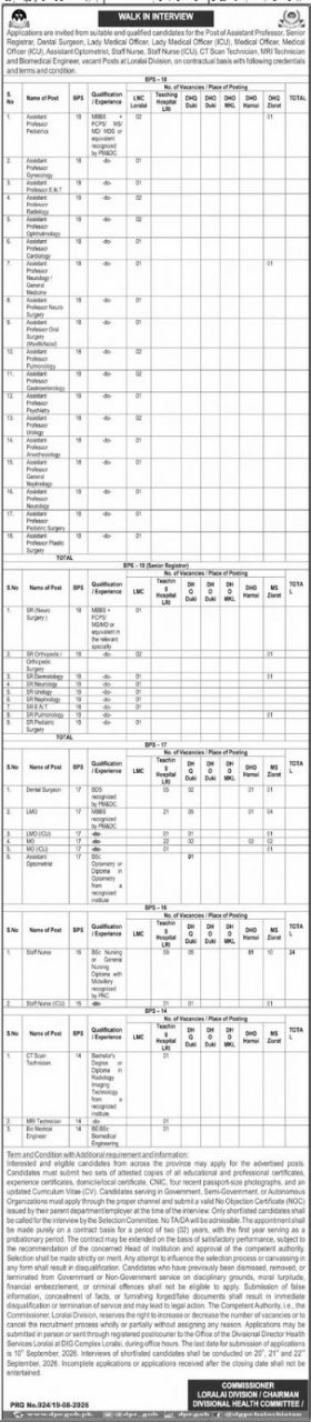 Walk in Interview Commissioner Lorali Div / Chairman Divisional Health Committee – Commissioner Lorali Division / Chairman Divisional Health Committee Jobs 2026 — original newspaper advertisement