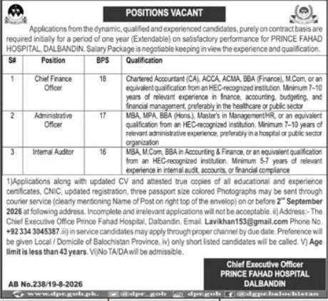 Prince Fahad Hospital, Dalbandin Jobs 2026 Jobs 2026 — original newspaper advertisement
