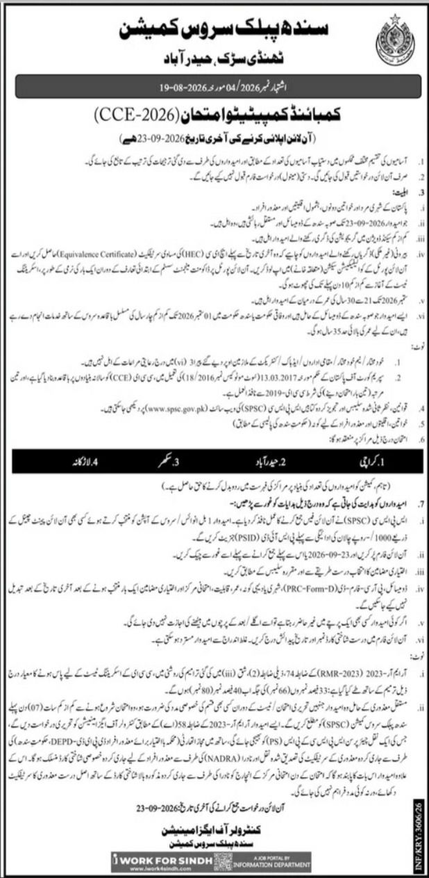 Combined Competitive Examination (CCE-2026) – Sindh Public Service Commission (SPSC) Jobs 2026 — original newspaper advertisement