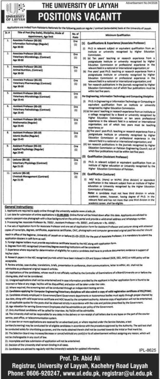 The University of Layyah Jobs 2026 Jobs 2026 — original newspaper advertisement